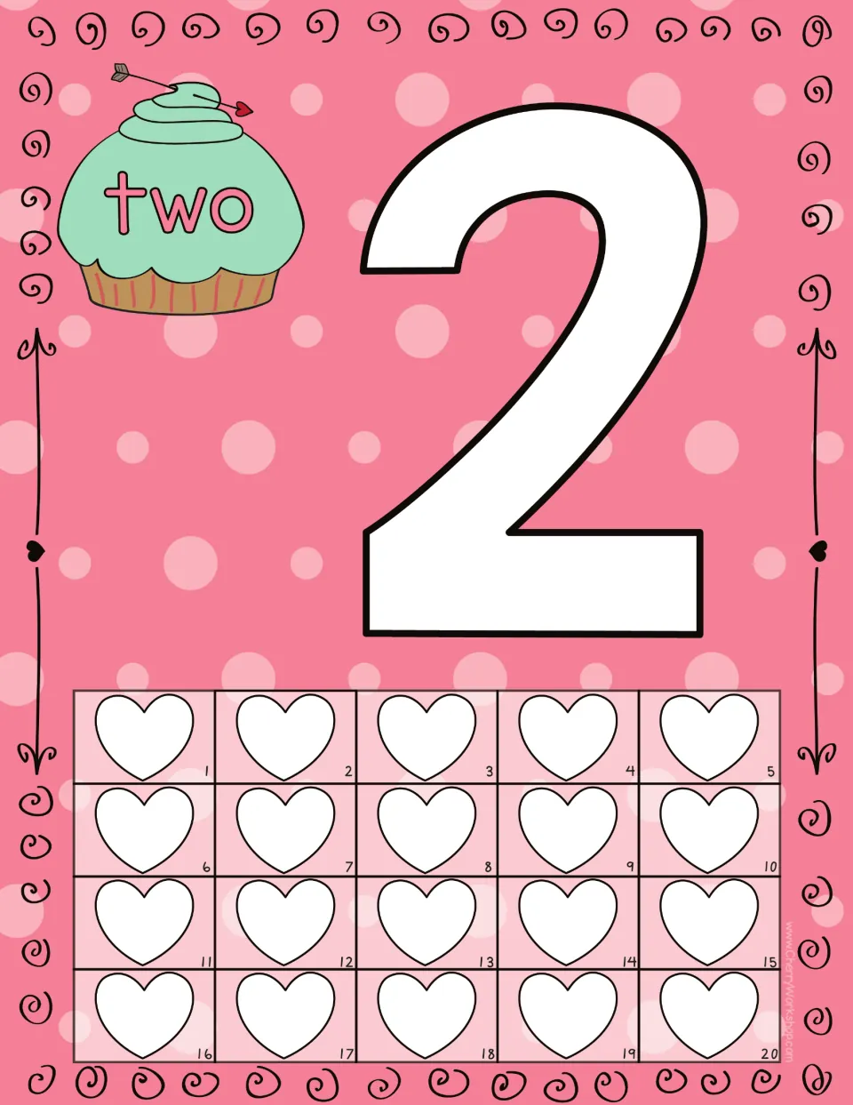 Playdough counting mat for 2: numeral 2, the word 'two,' and 20 numbered hearts for counting practice.
