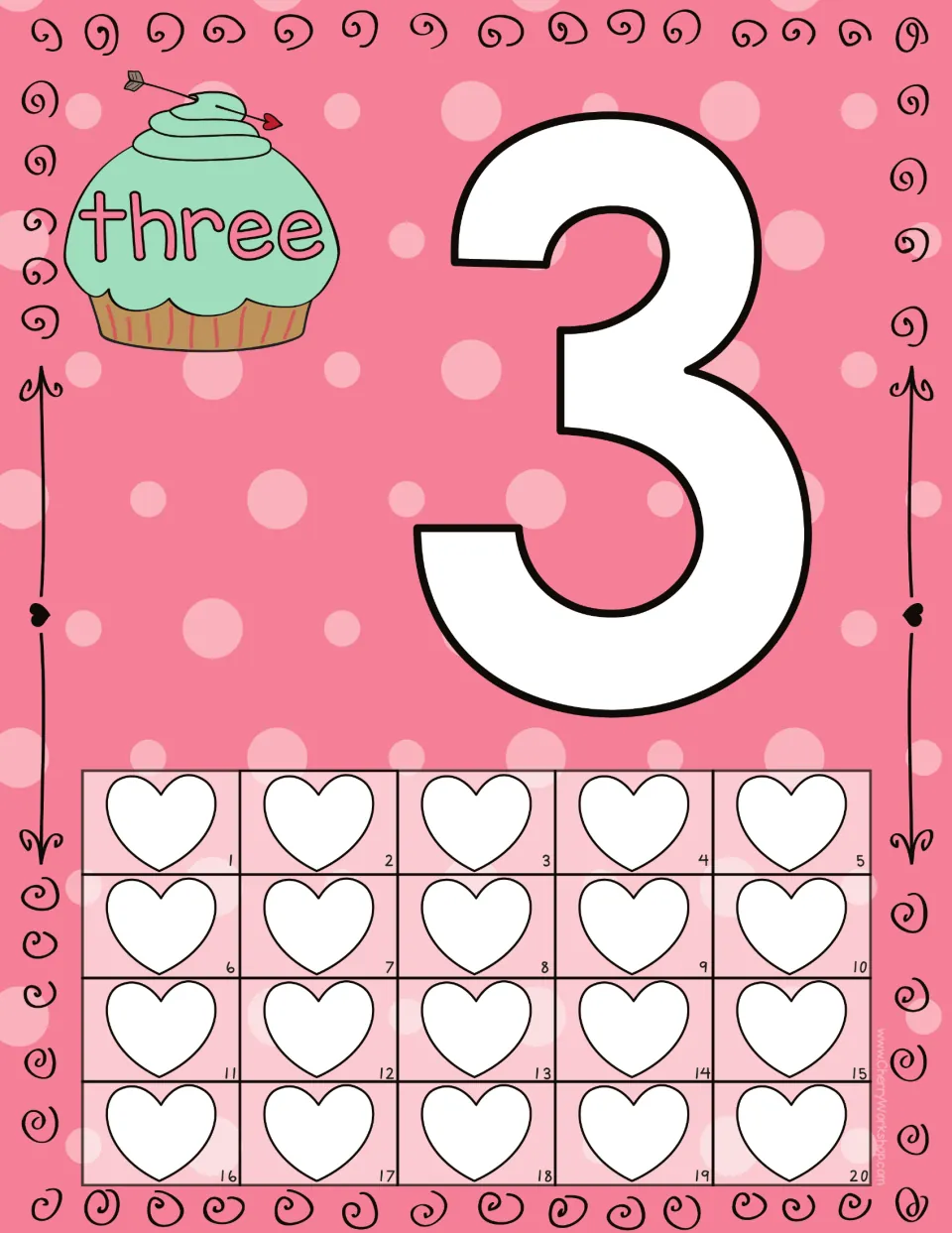 Playdough counting mat for 3: numeral 3, the word 'three,' and 20 numbered hearts for counting practice.