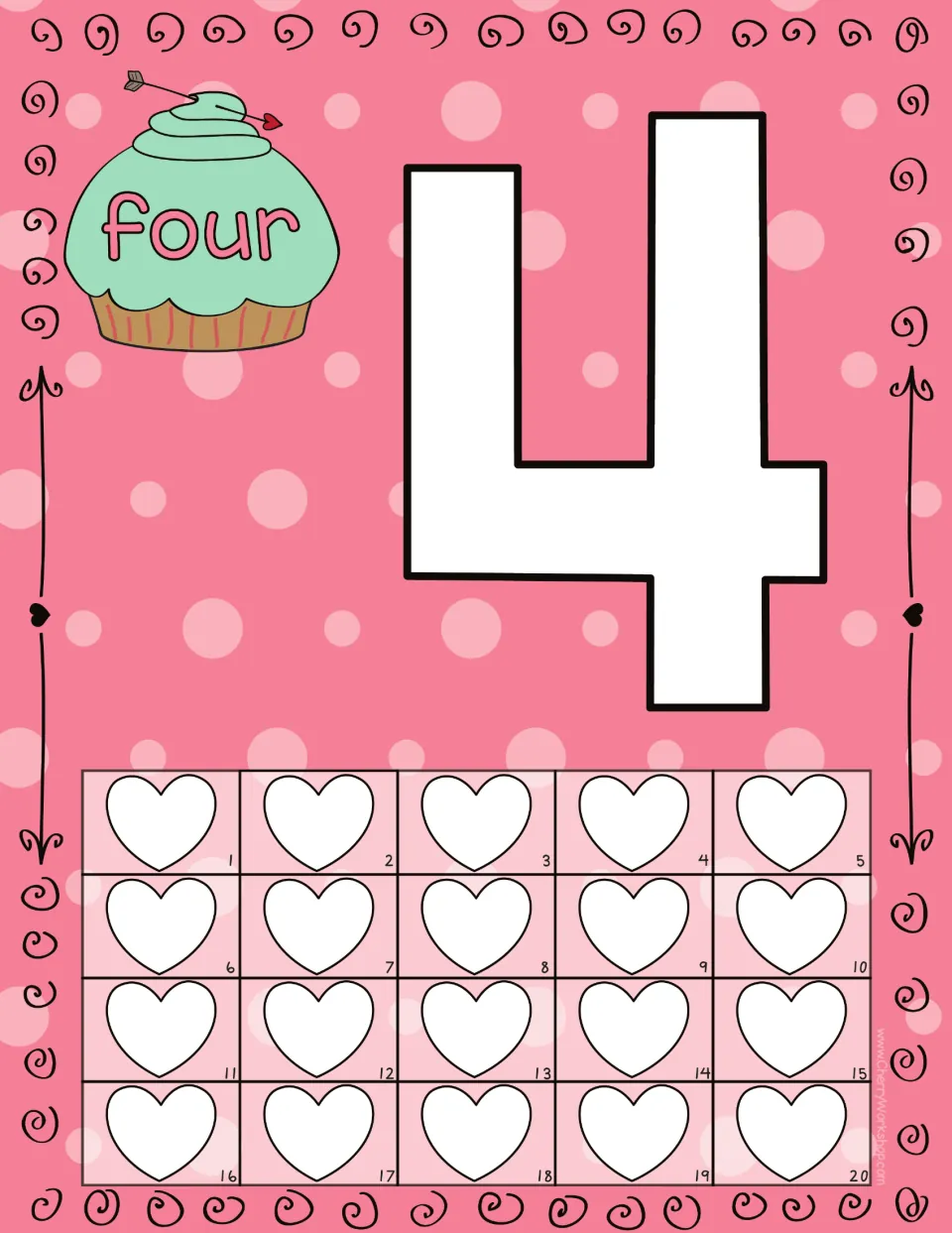 Playdough counting mat for 4: numeral 4, the word 'four,' and 20 numbered hearts for counting practice.
