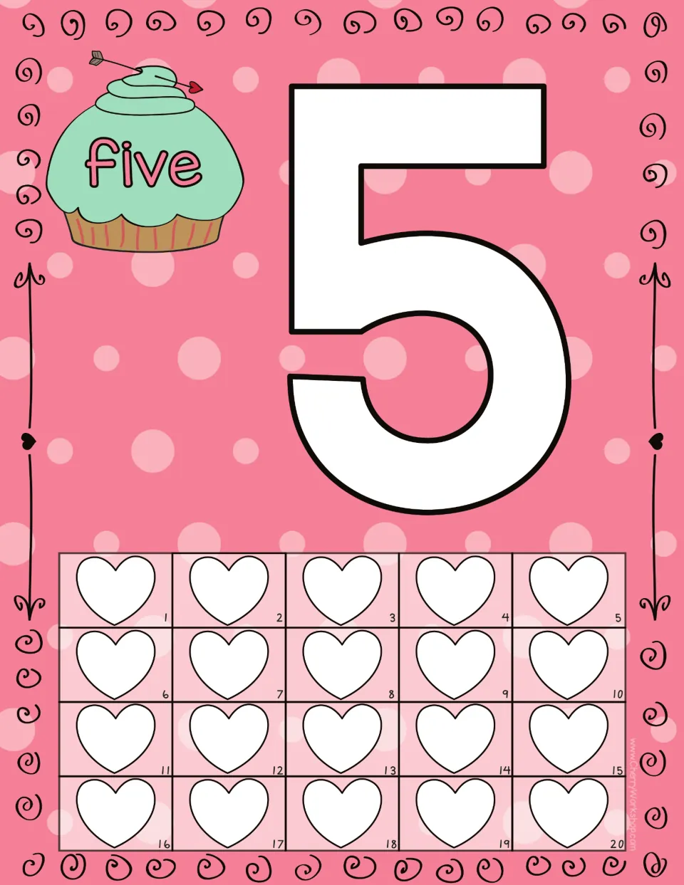 Playdough counting mat for 5: numeral 5, the word 'five,' and 20 numbered hearts for counting practice.
