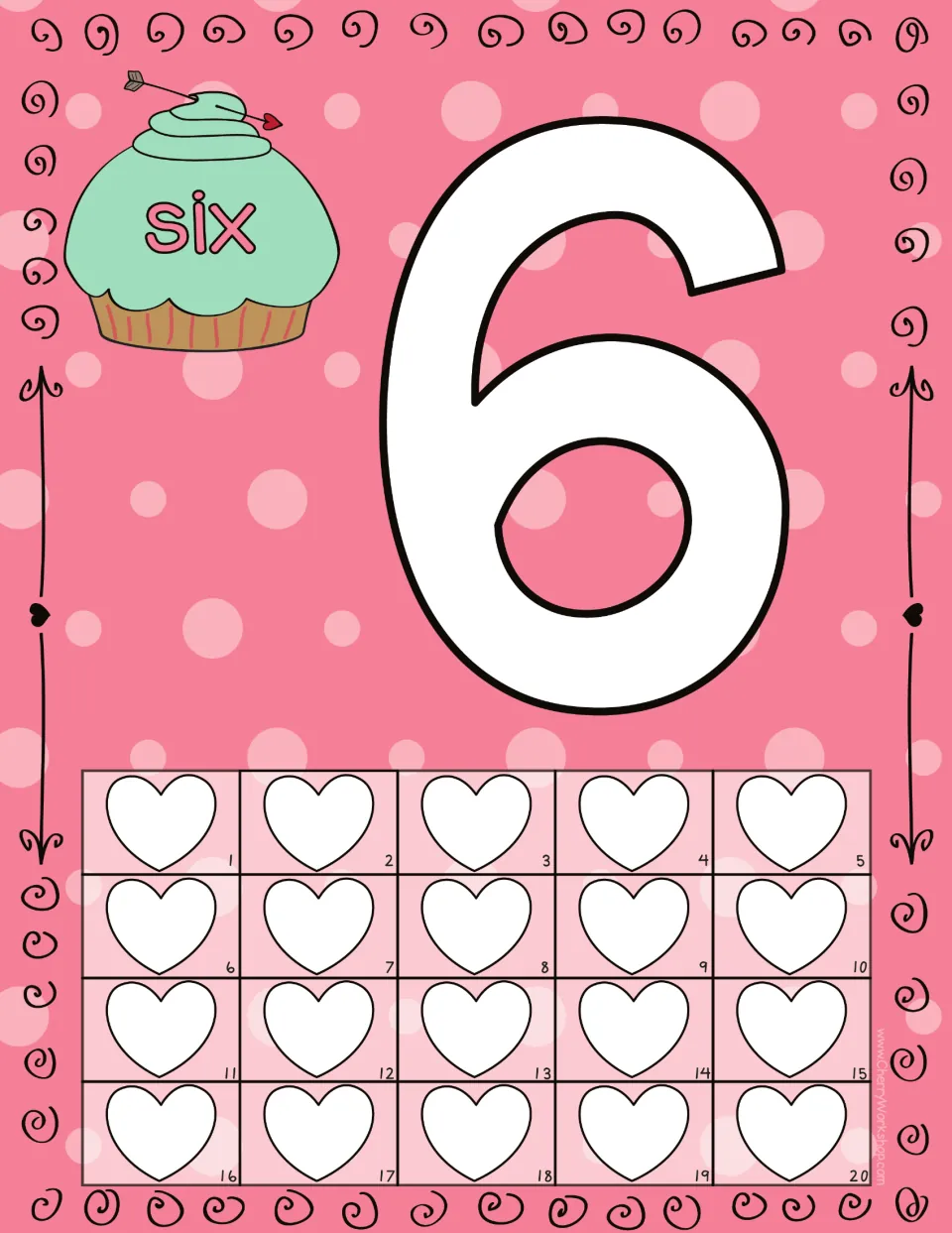 Playdough counting mat for 6: numeral 6, the word 'six,' and 20 numbered hearts for counting practice.