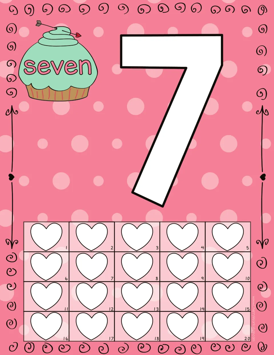 Playdough counting mat for 7: numeral 7, the word 'seven,' and 20 numbered hearts for counting practice.
