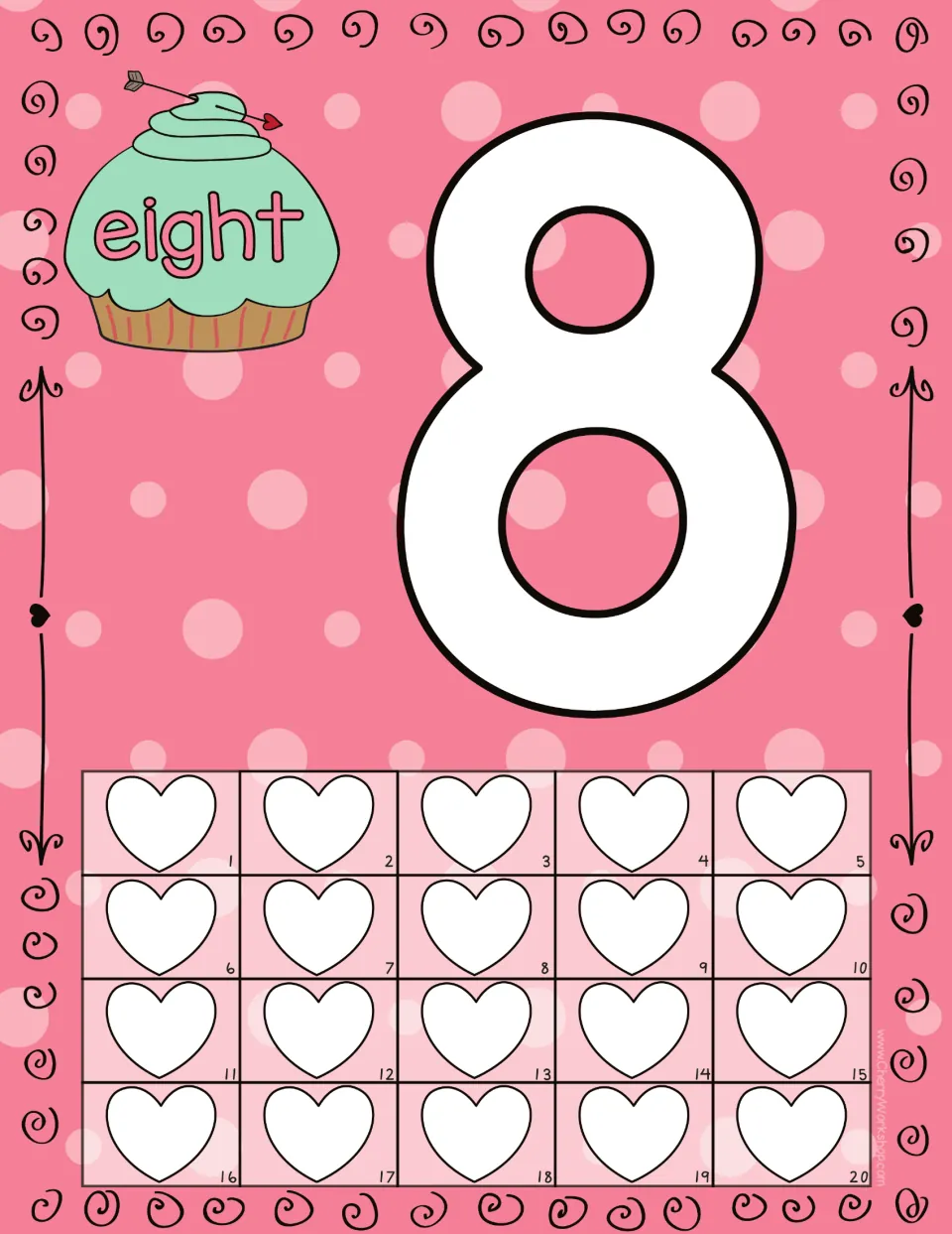 Playdough counting mat for 8: numeral 8, the word 'eight,' and 20 numbered hearts for counting practice.