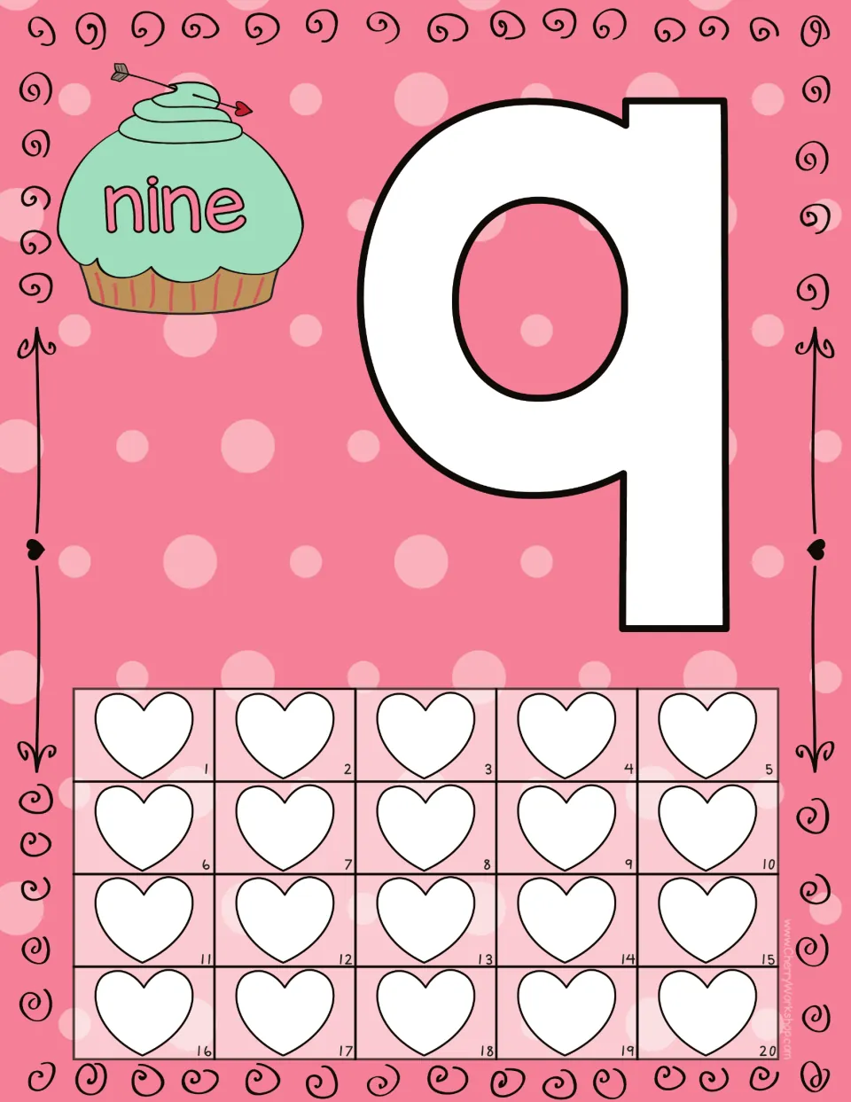 Playdough counting mat for 9: numeral 9, the word 'nine,' and 20 numbered hearts for counting practice.
