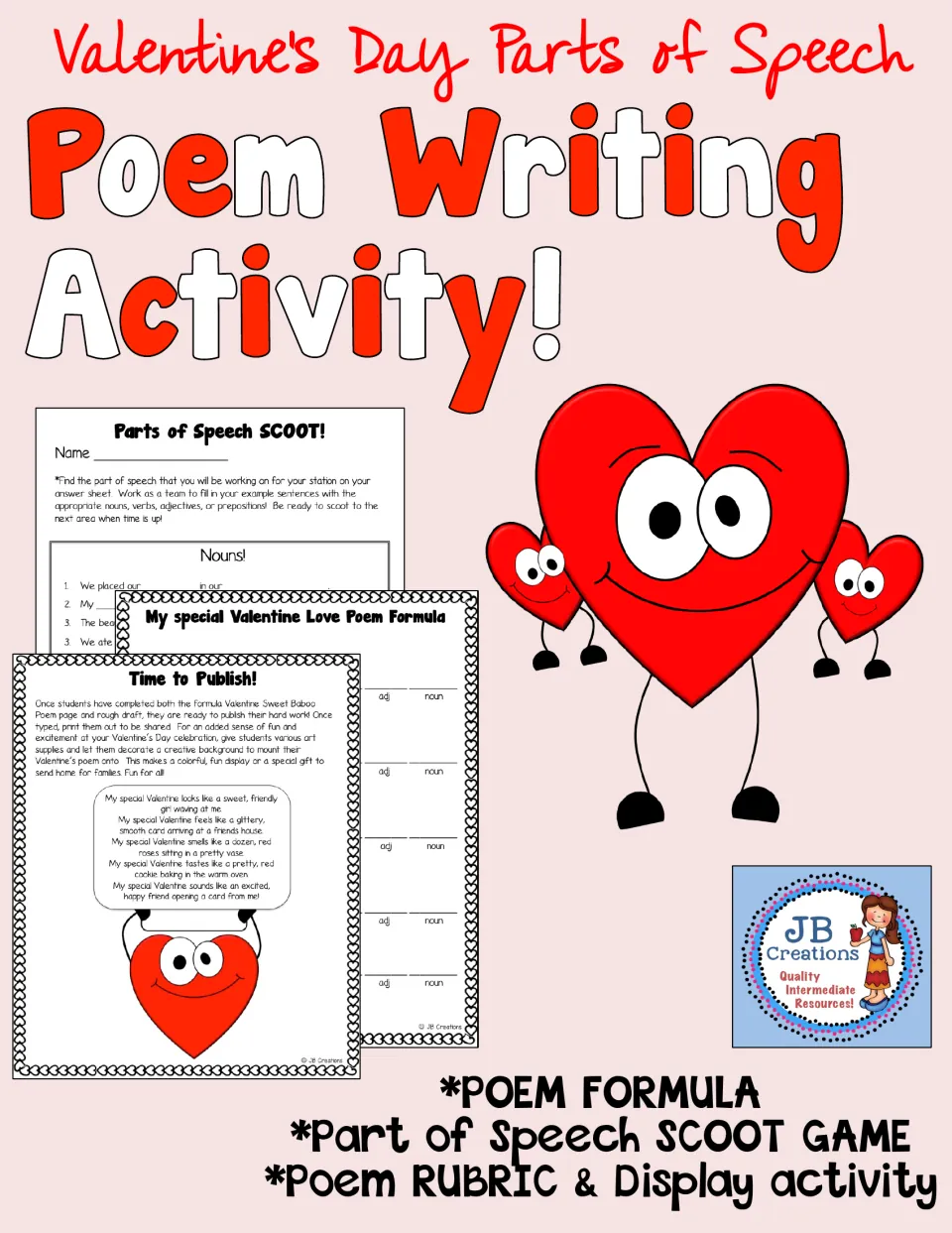 Valentine's Day Poem Writing cover featuring a poem formula, parts of speech Scoot game, rubric, and display activity