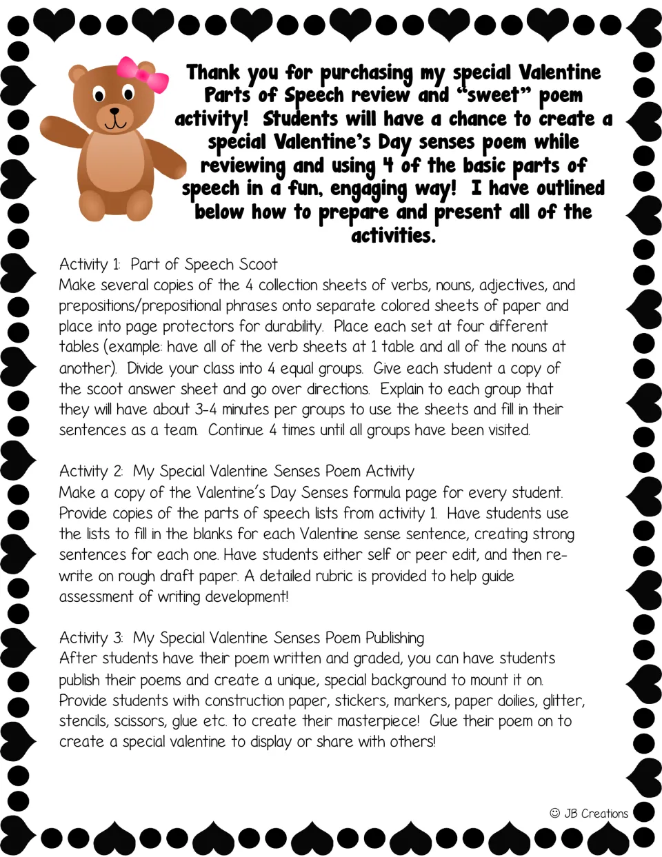 Teacher directions for four Scoot stations, a Valentine senses poem, and publishing poems on decorated backgrounds