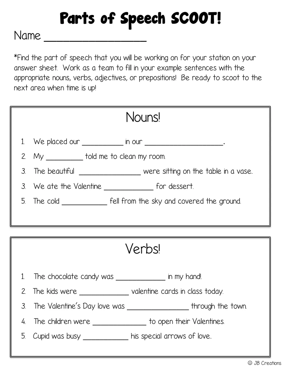Scoot response sheet with five noun and five verb prompts about flowers, candy, Valentine cards, and Cupid