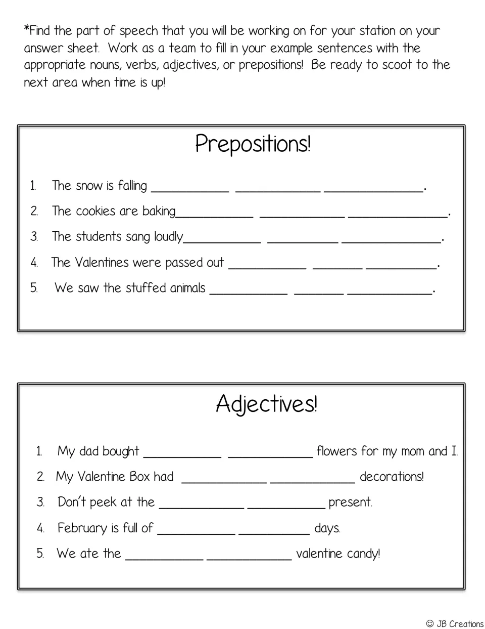 Scoot response sheet with five preposition and five adjective prompts about snow, cookies, flowers, and gifts