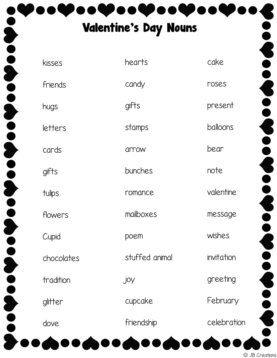 Valentine noun bank for Scoot and poem writing, including kisses, hearts, cake, friends, candy, and roses