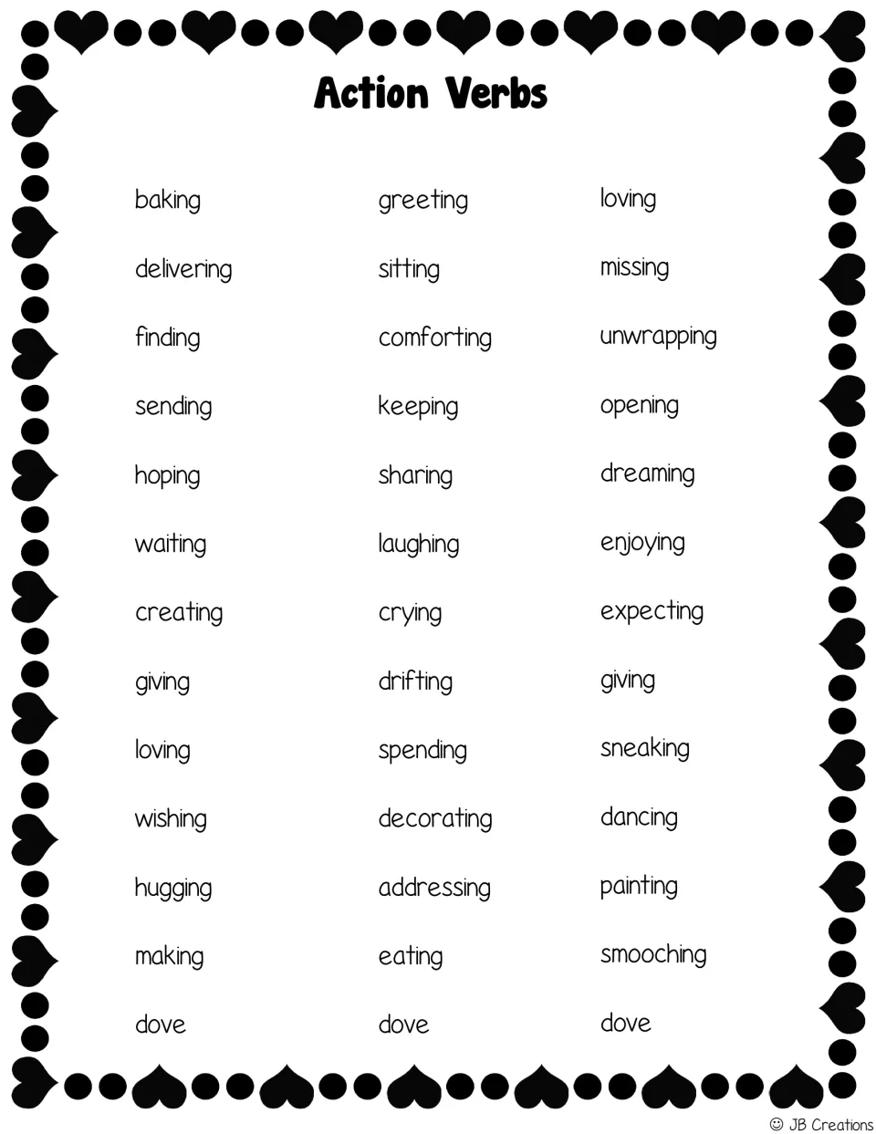 Action verb bank for Scoot and poem writing, including baking, delivering, greeting, sharing, and unwrapping