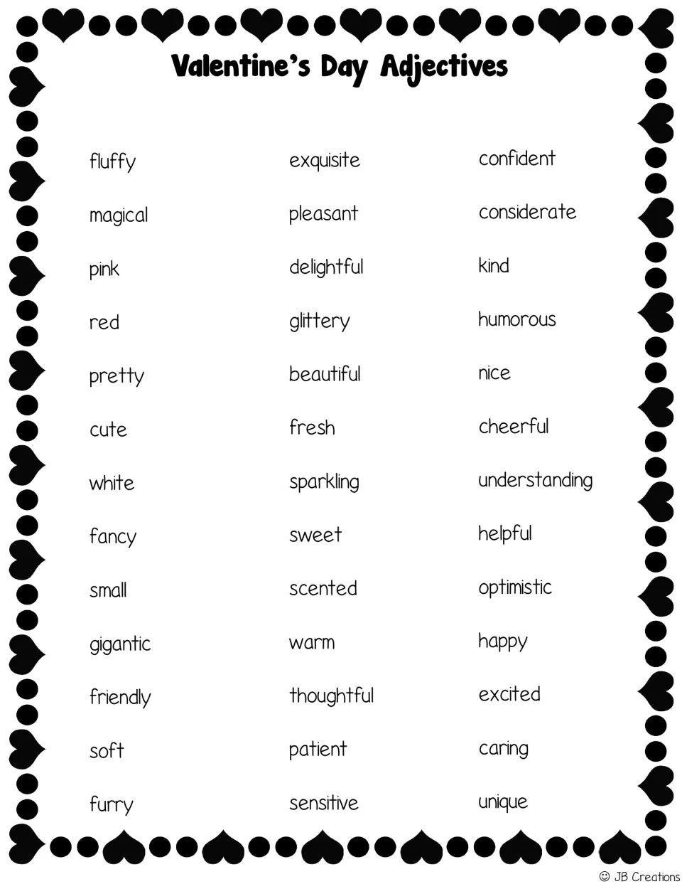 Valentine adjective bank for Scoot and poems, including fluffy, magical, glittery, sweet, kind, and cheerful