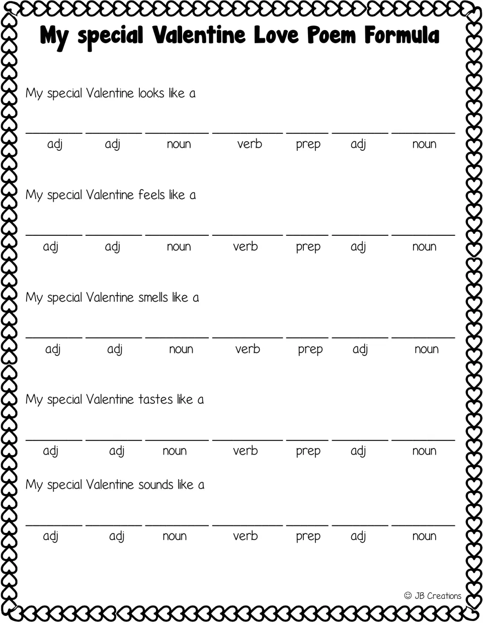 Valentine poem template with five senses starters and labeled blanks for adjectives, nouns, verbs, and prepositions