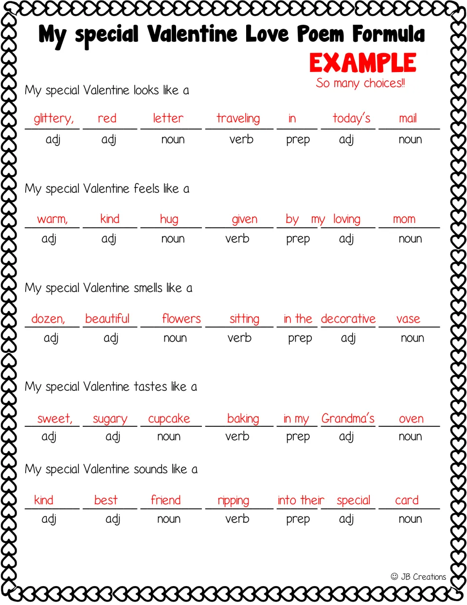 Completed Valentine senses poem model comparing a Valentine to a letter, hug, flowers, cupcake, and friend