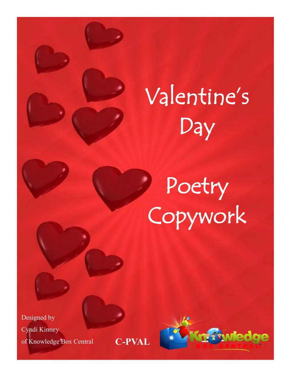 Valentine's Day Poetry Copywork cover with the ebook title and designer Cyndi Kinney of Knowledge Box Central