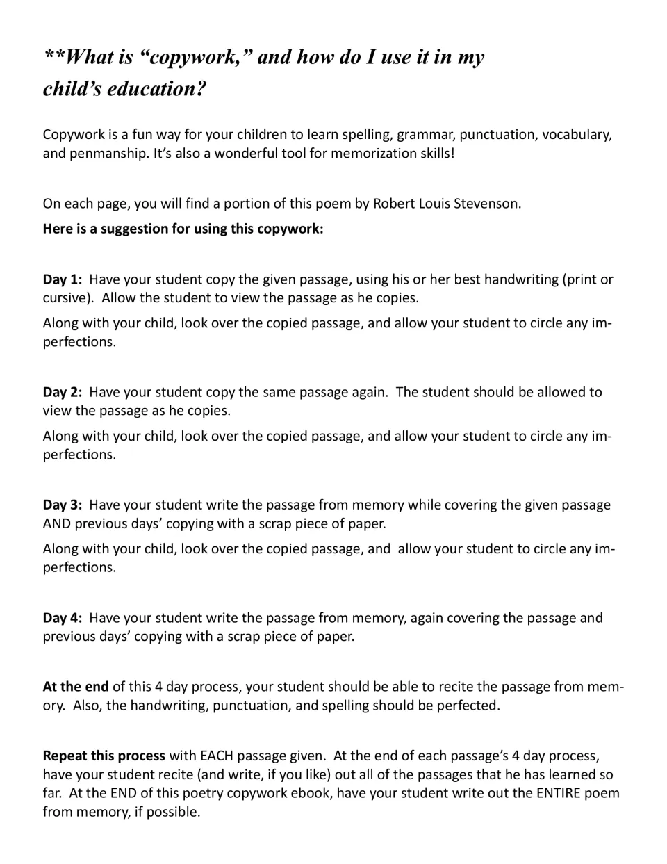 Instructions page: what copywork is and a 4-day plan to copy each passage twice, then write it from memory twice