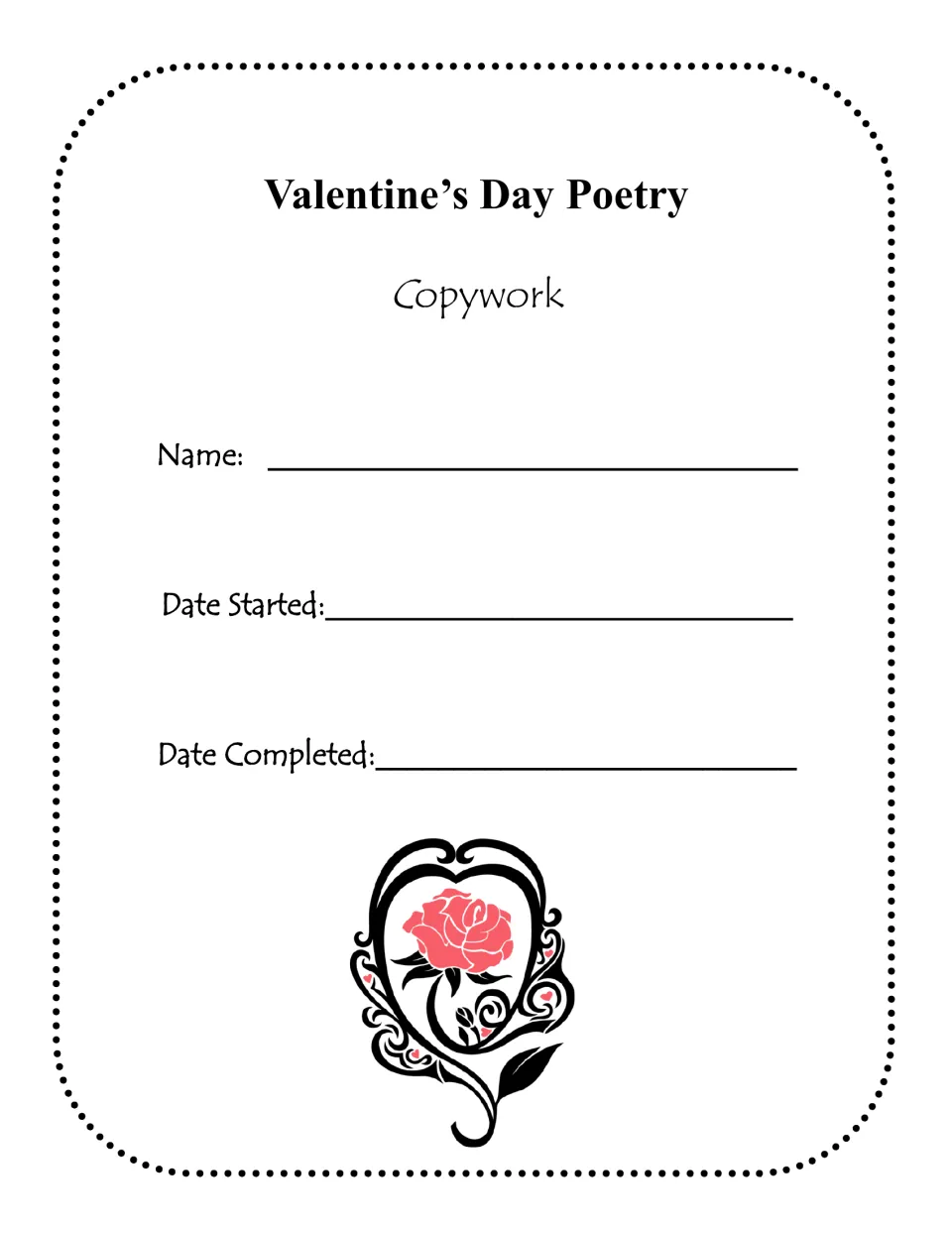 Student title page for the copywork notebook, with spaces for name, date started and date completed