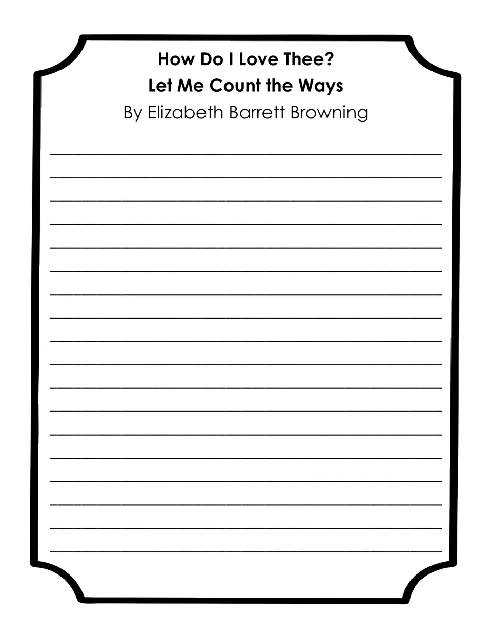 Writing page headed with the poem title 'How Do I Love Thee?' and author Elizabeth Barrett Browning