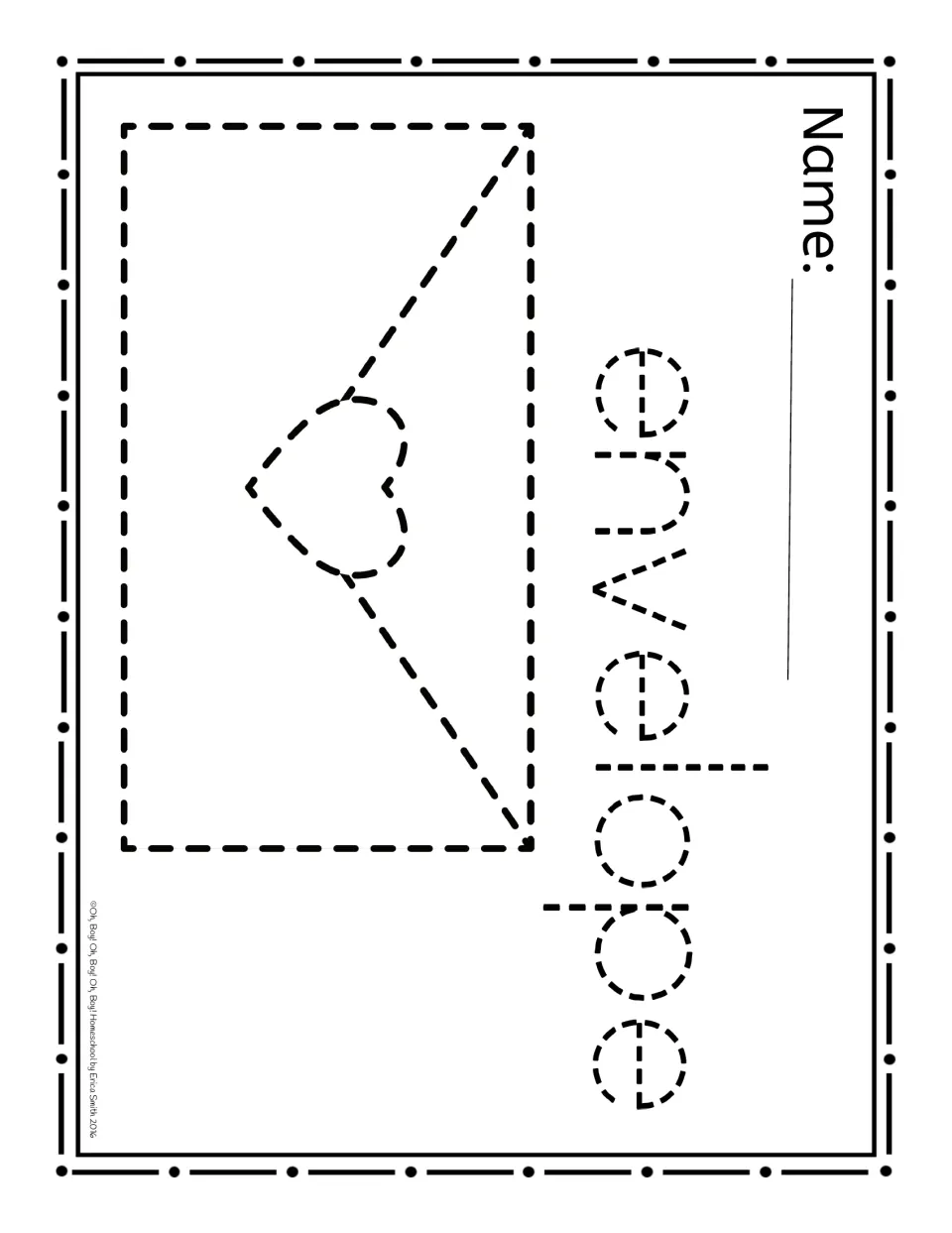 Sideways poke page: dashed envelope with a heart seal and the dashed word 'envelope' to poke with a tack