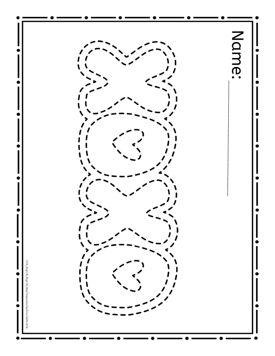 Sideways poke page: dashed bubble letters spelling 'XOXO' with a small heart inside each O to poke with a tack