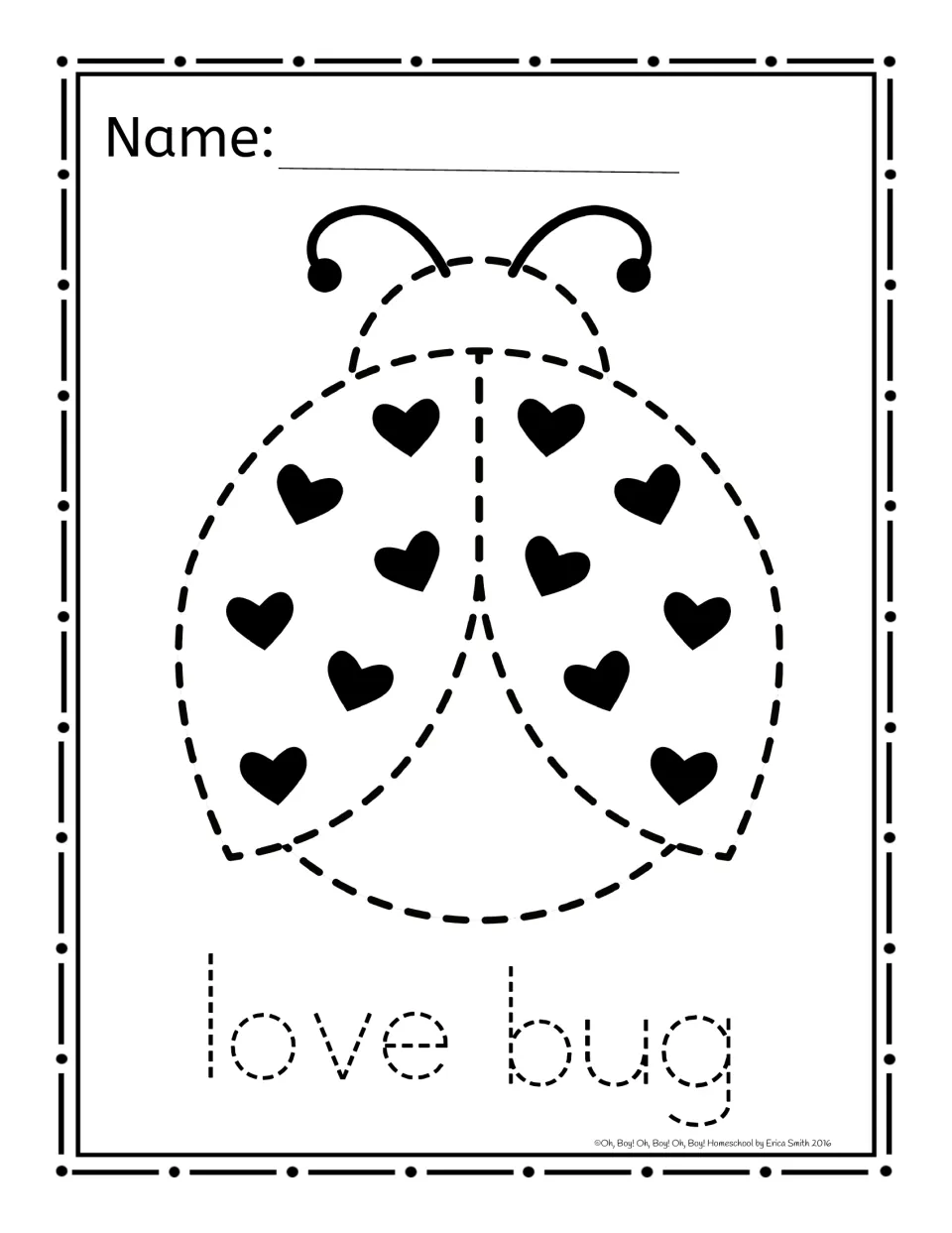 Poke page: dashed ladybug outline with solid heart spots above the dashed words 'love bug' to poke
