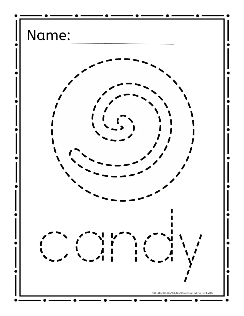 Poke page: dashed round swirl candy above the dashed word 'candy' to poke with a tack onto construction paper