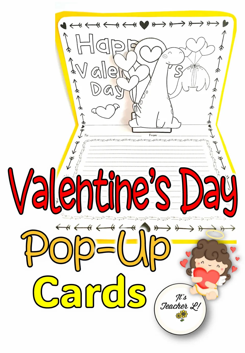 Cover of Valentine’s Day Pop-Up Cards showing an assembled dinosaur card with space for a written message