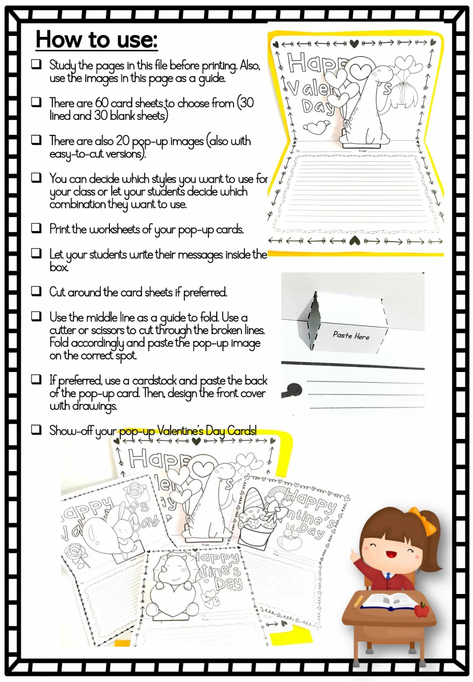 Card project instructions for choosing sheets, writing messages, cutting, folding, and attaching pop-up images
