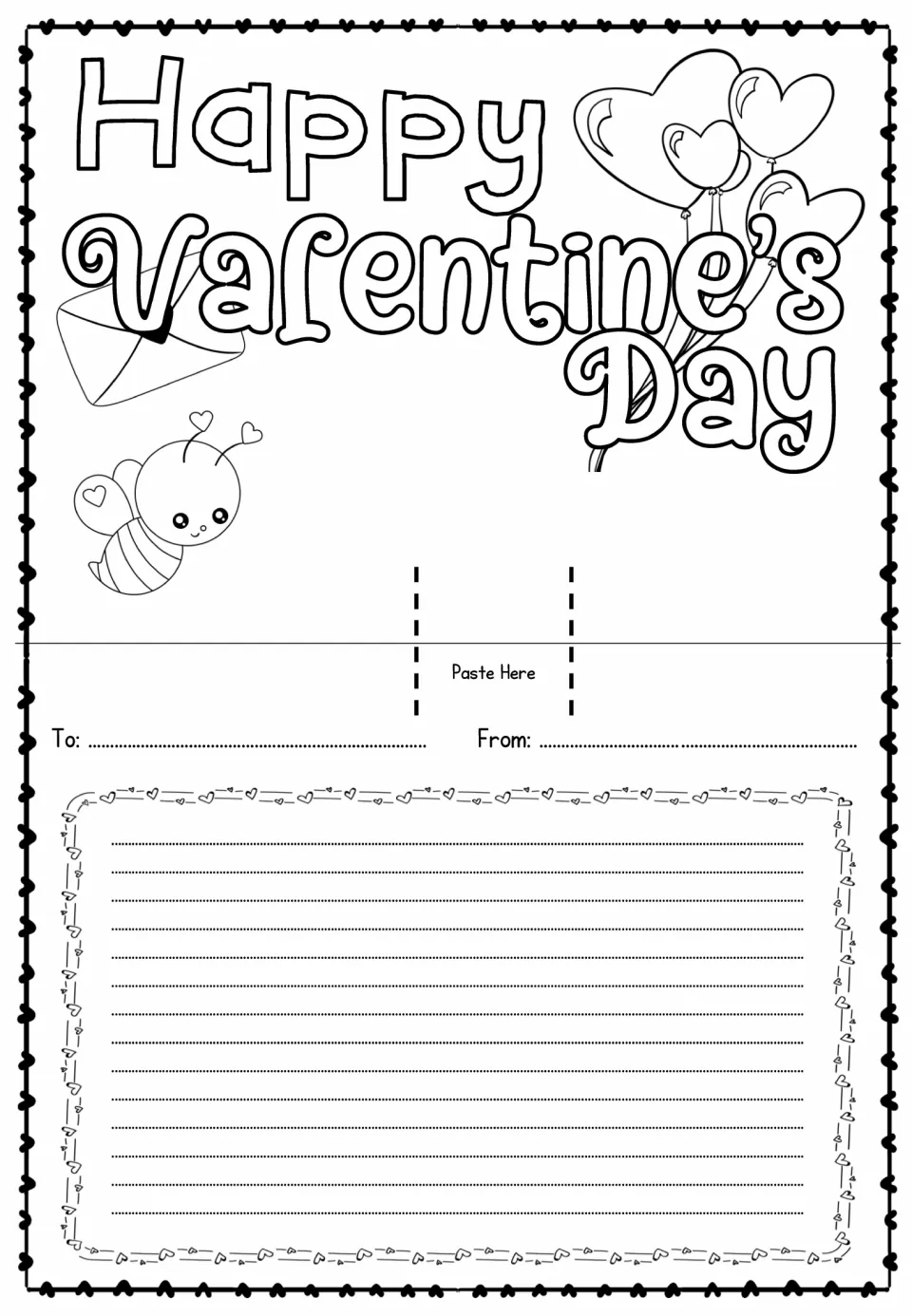 Card template reading “Happy Valentine’s Day” with a bee and heart balloons to color and a pop-up attachment spot