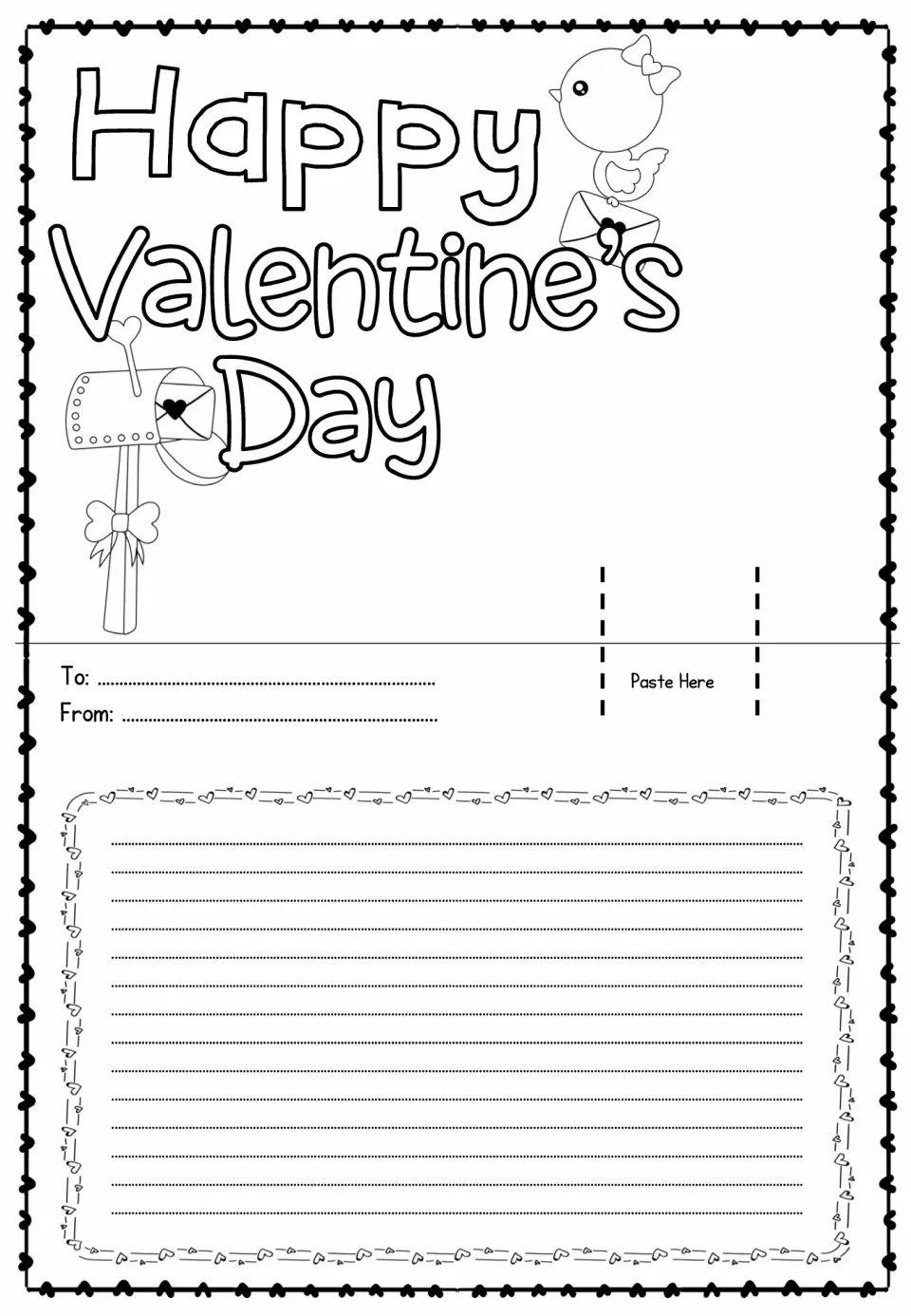 Card template reading “Happy Valentine’s Day” with a bird and mailbox to color and a pop-up attachment spot