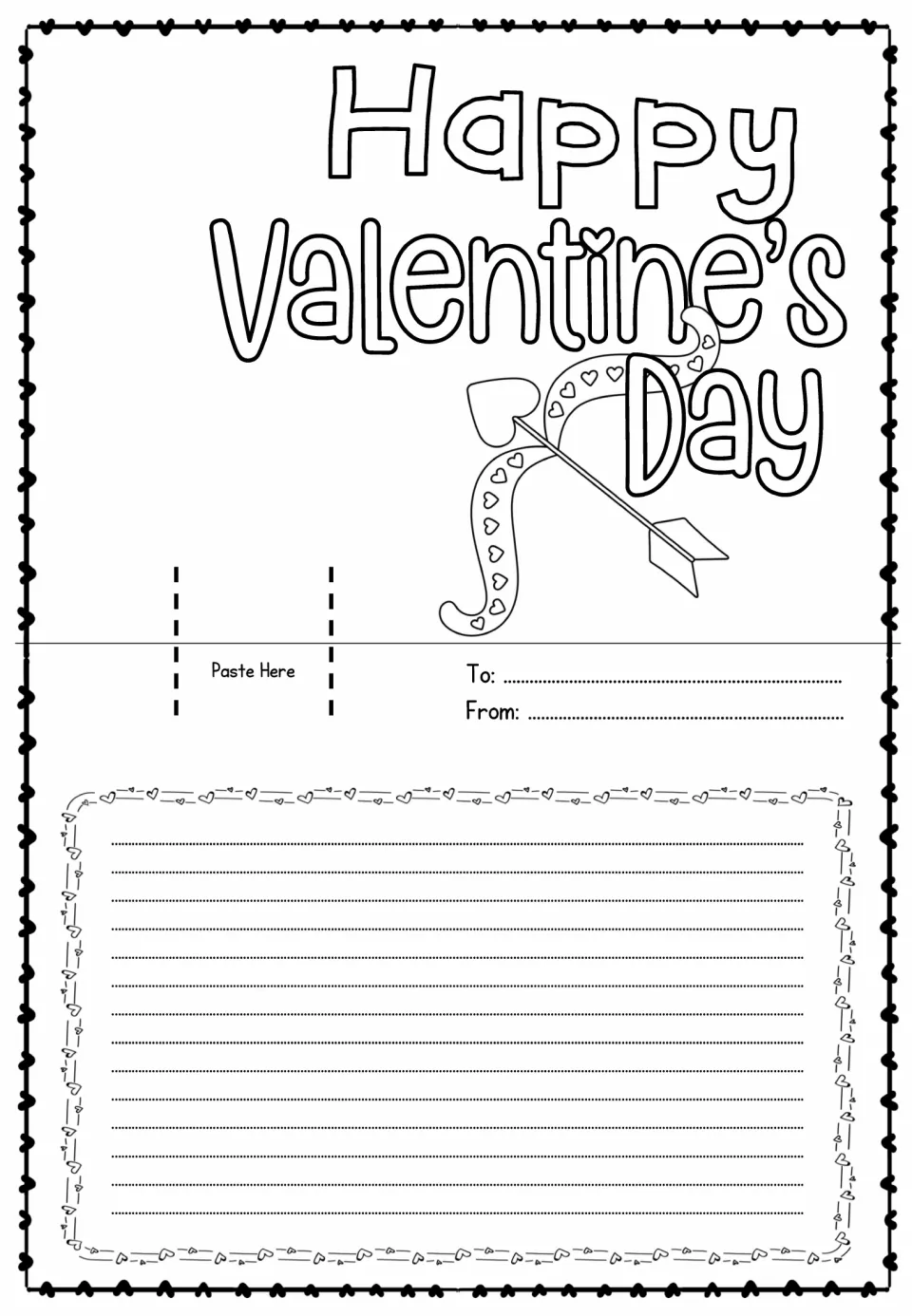 Card template reading “Happy Valentine’s Day” with a bow and arrow to color and a pop-up attachment spot
