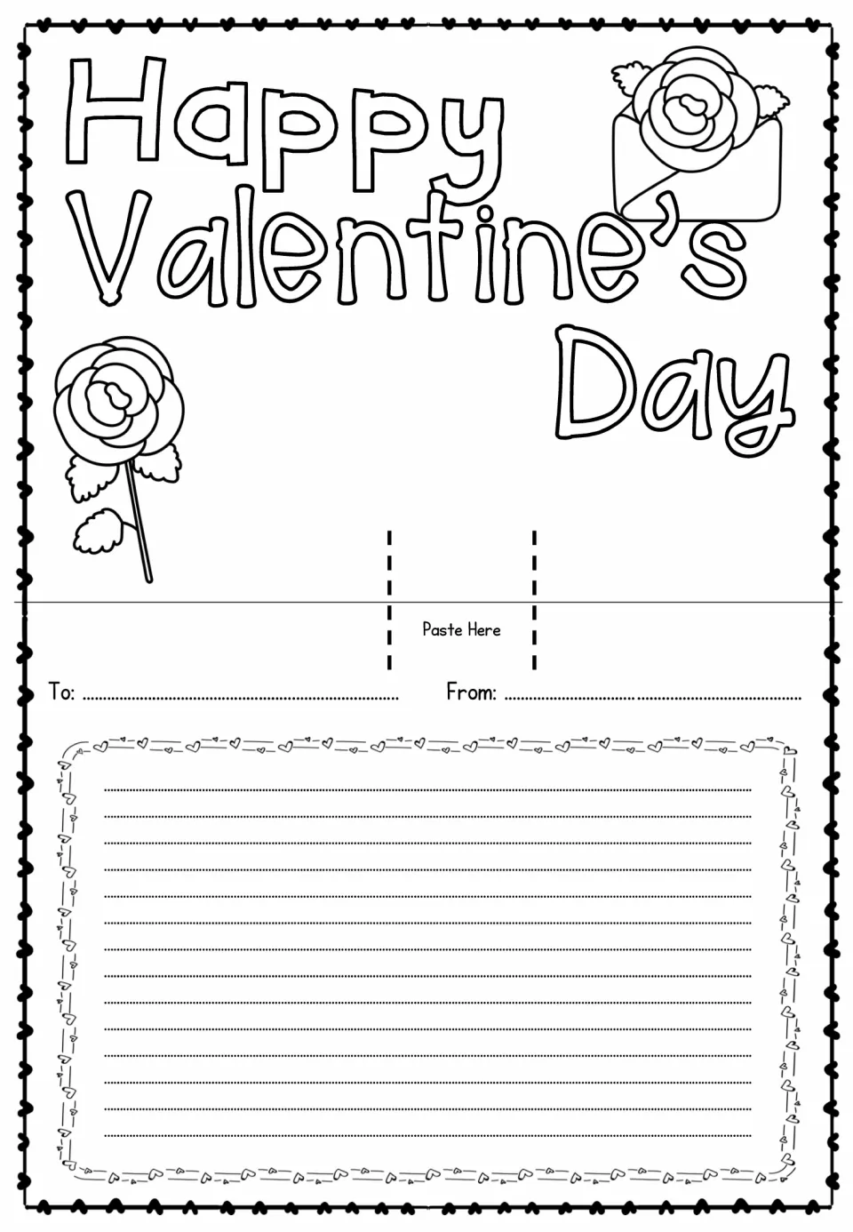 Card template reading “Happy Valentine’s Day” with roses and an envelope to color plus a pop-up attachment spot