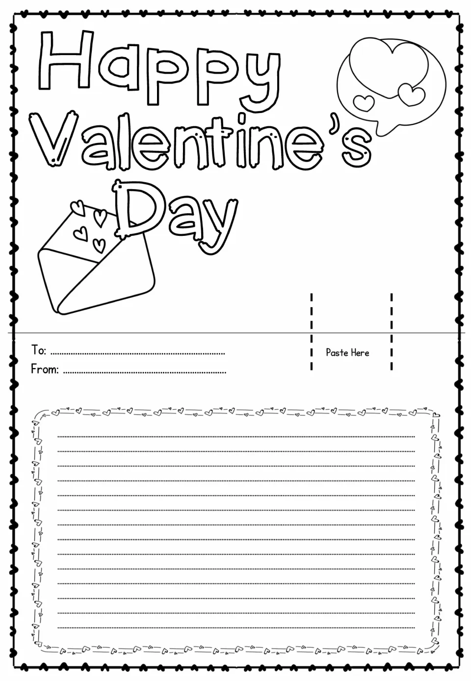 Card template reading “Happy Valentine’s Day” with a heart-filled envelope to color and a pop-up attachment spot