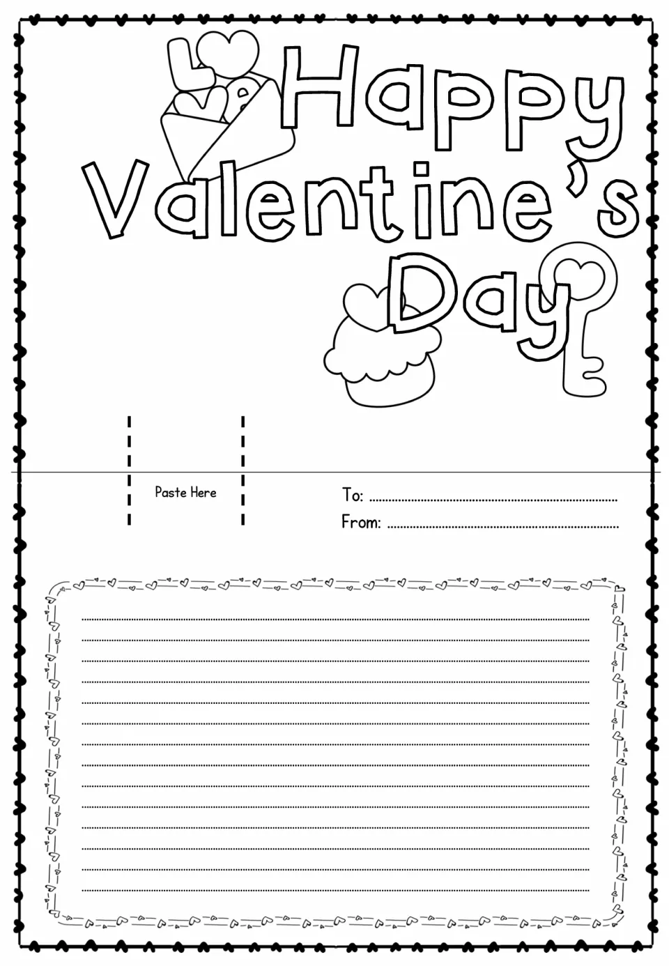 Card template reading “Happy Valentine’s Day” with a cupcake and key to color and a pop-up attachment spot