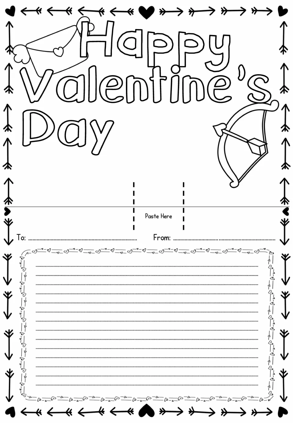 Card template reading “Happy Valentine’s Day” with a winged envelope and bow to color for a pop-up card