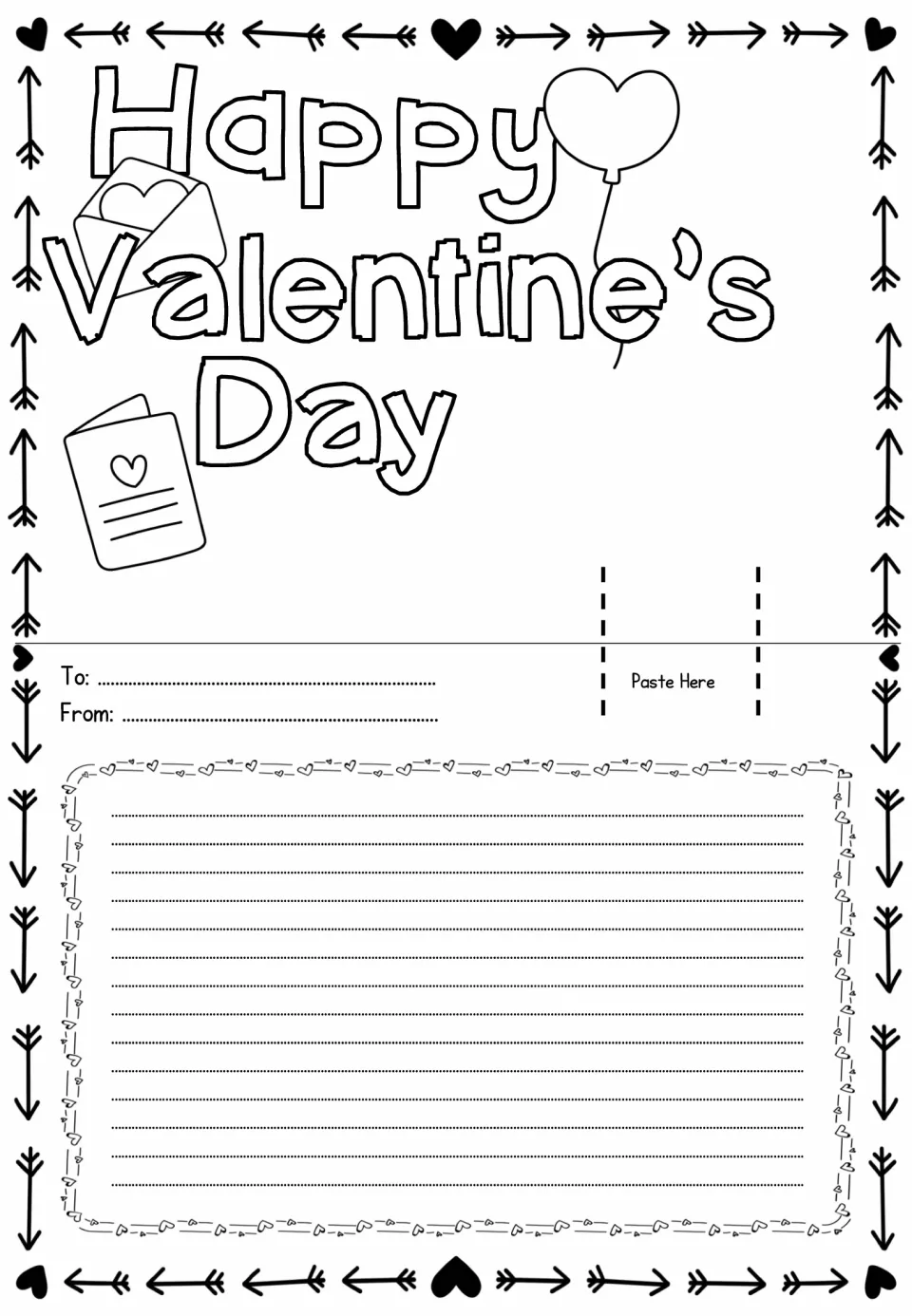 Card template reading “Happy Valentine’s Day” with a heart balloon and greeting card to color for a pop-up card
