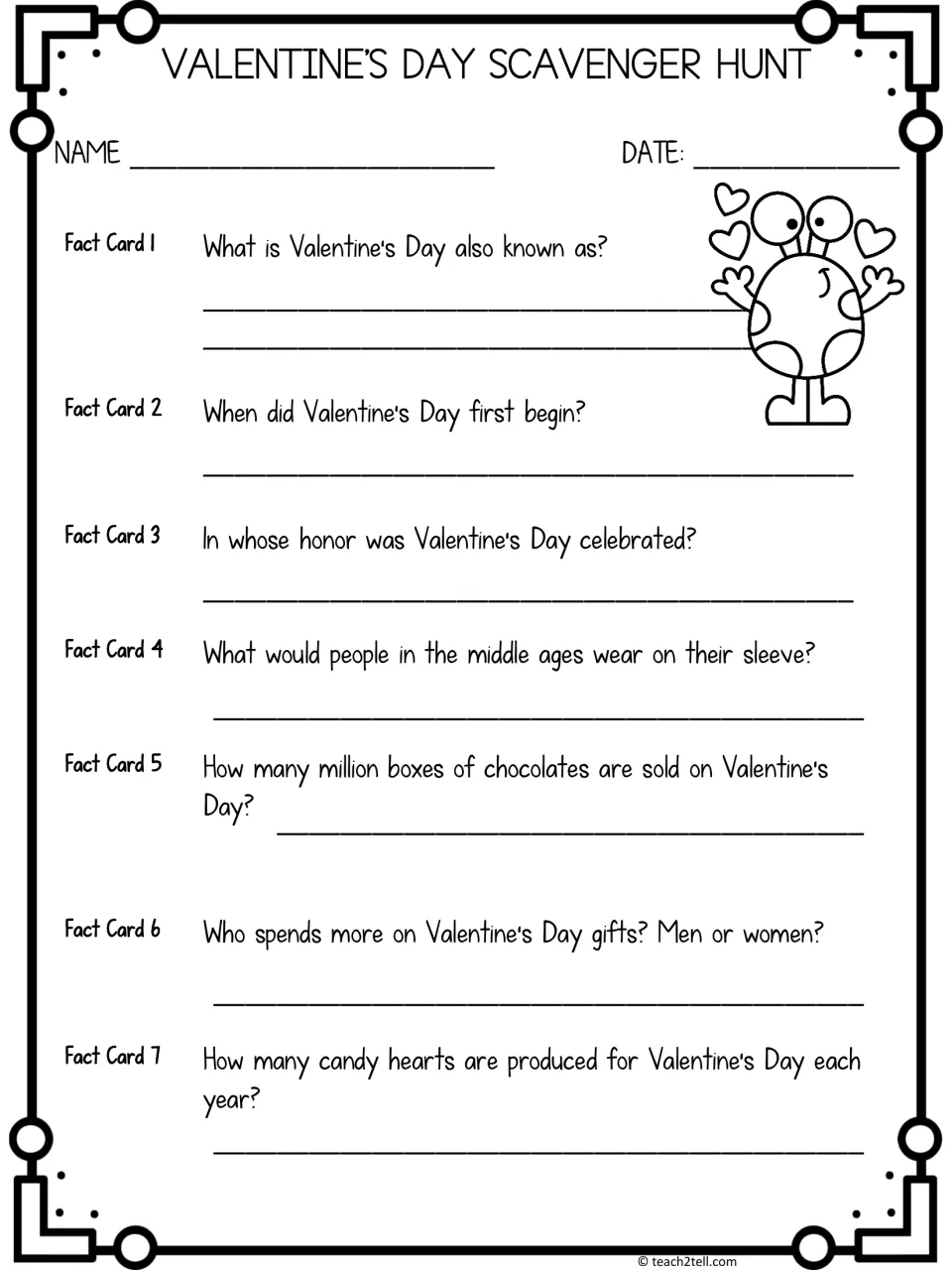 Valentine's Day fact hunt, cards 1-7: students record answers on origins, sleeve names, chocolate sales and candy hearts