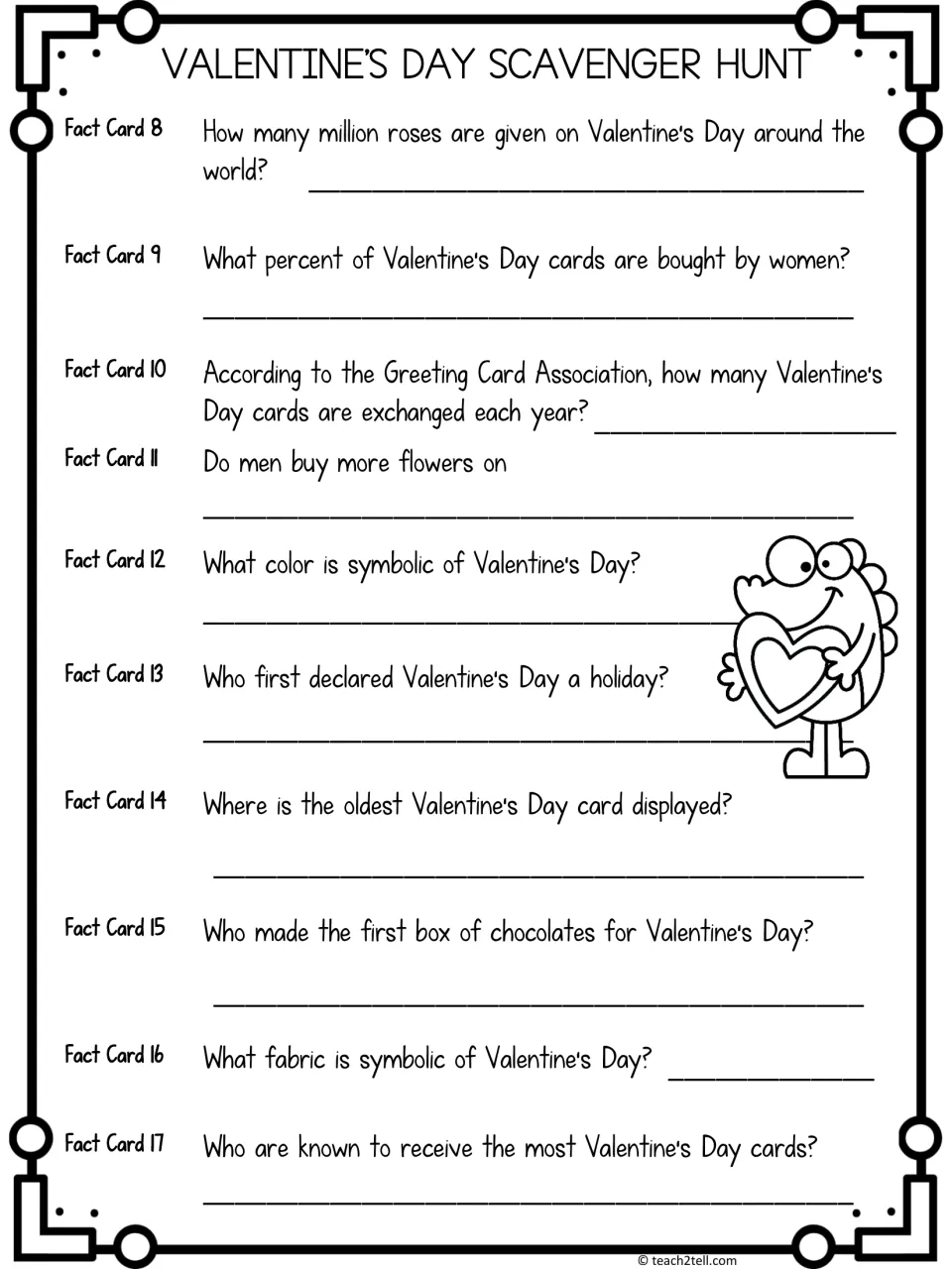 Valentine's Day fact cards 8-17: students answer questions on roses, card sales, symbolic color and fabric
