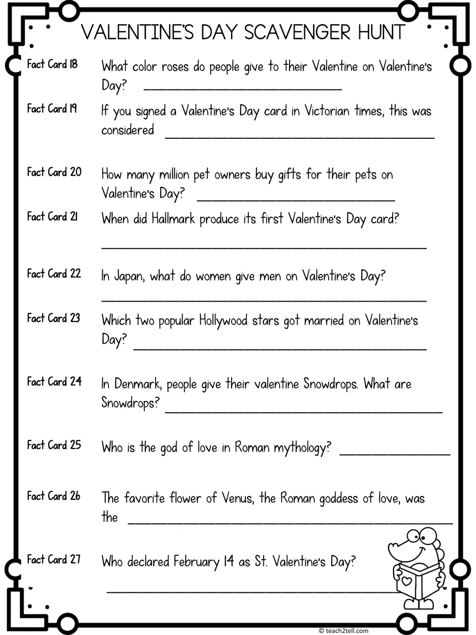 Valentine's fact cards 18-27: students record facts on Victorian cards, pet gifts, Japan and Denmark customs, Roman myths