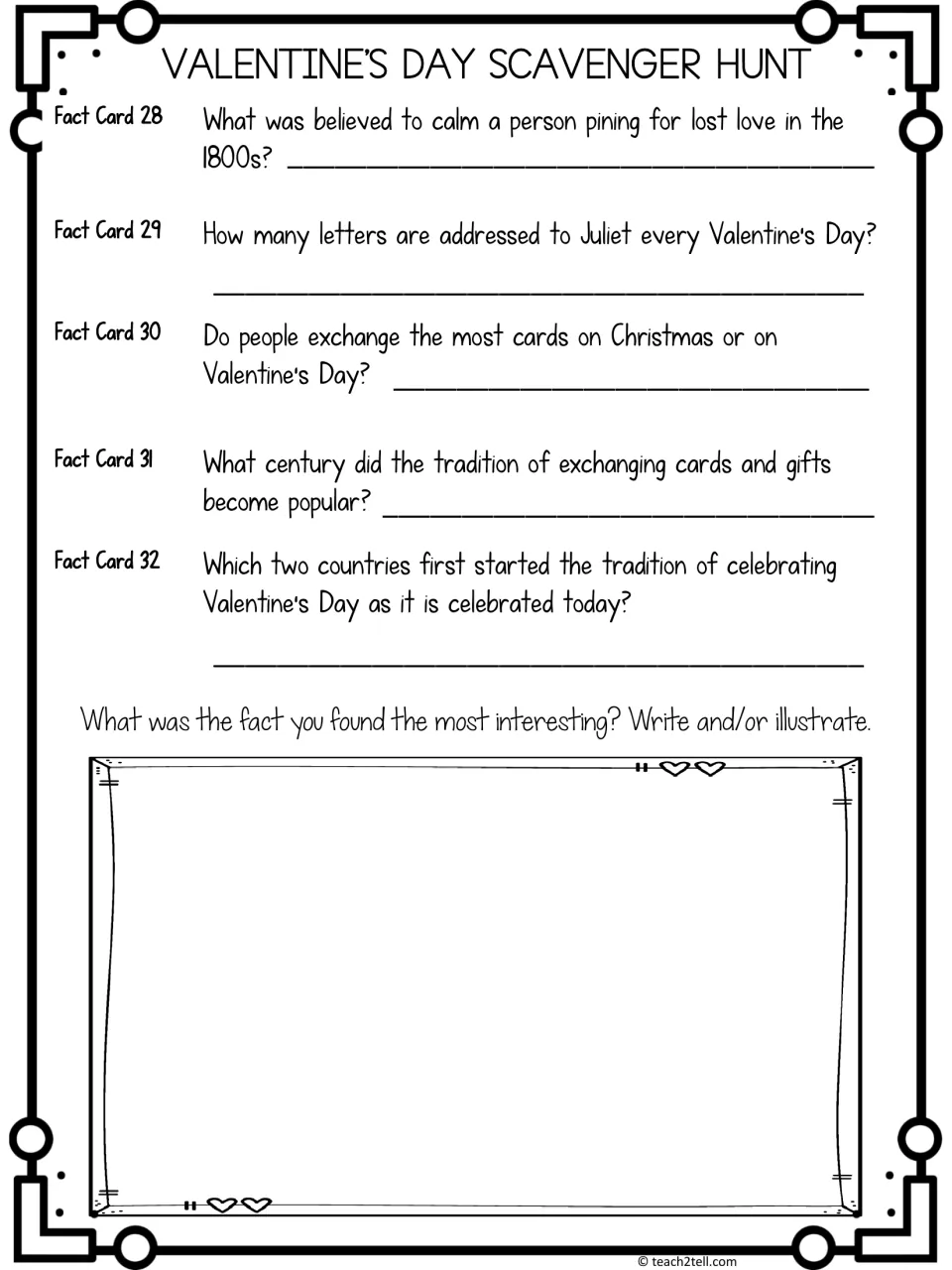 Fact cards 28-32 on Juliet letters and card traditions; students then write or draw their most interesting fact