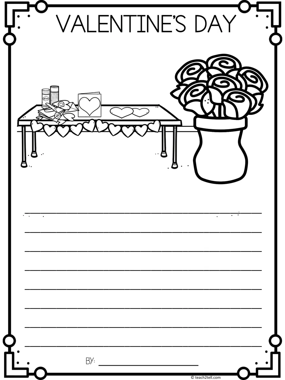 Valentine's Day fact writing: students write interesting facts under a craft table and vase of roses drawing