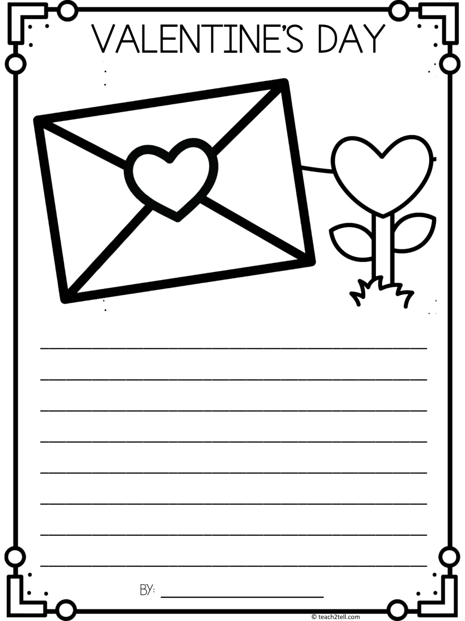 Envelope-themed writing page: students write Valentine's Day facts under a heart-sealed envelope and heart flower