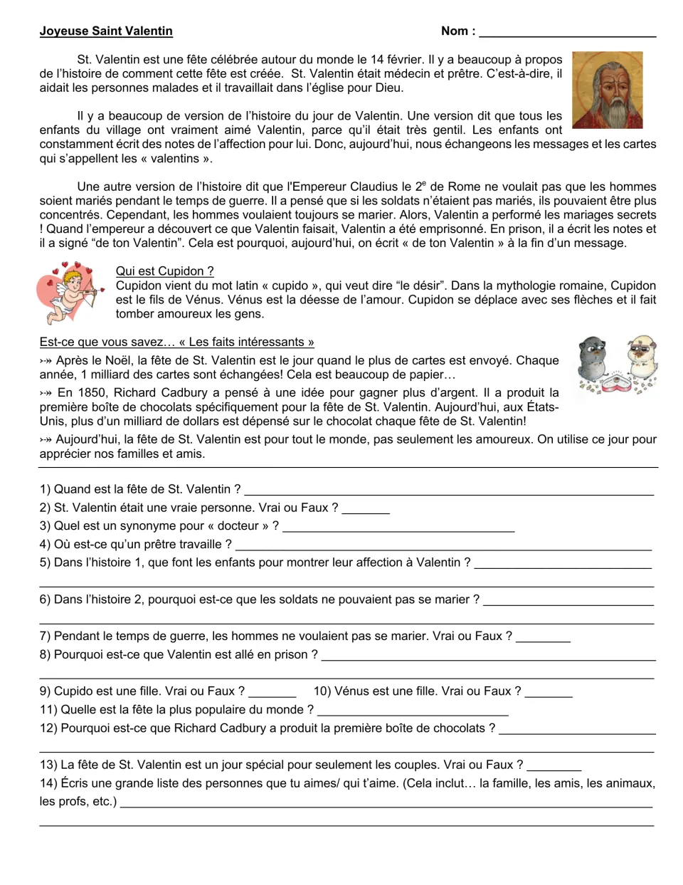 'Joyeuse Saint Valentin' French reading on Valentine's history, Cupid and fun facts, followed by 14 questions