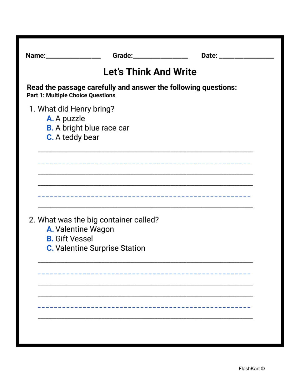 Reading questions 1–2: multiple-choice items ask what Henry brought and what the gift container was called.
