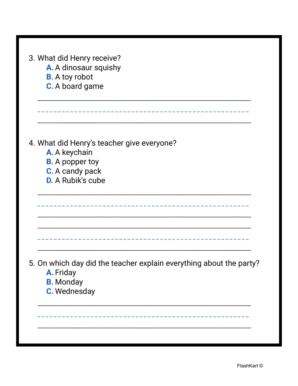 Reading questions 3–5: identify Henry's gift, the teacher's gift, and the day she explained the party.