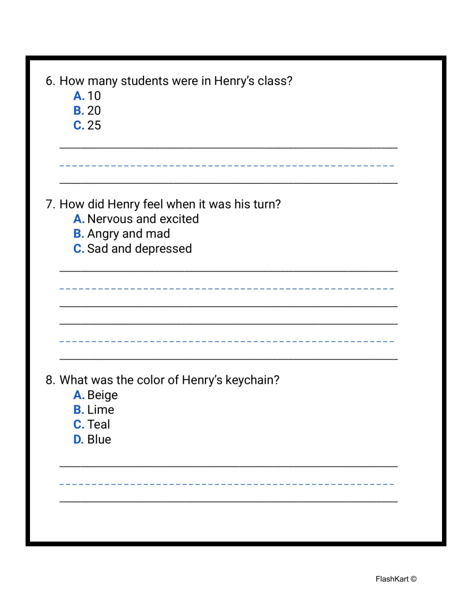 Reading questions 6–8: multiple-choice items cover class size, Henry's feelings, and his keychain's color.