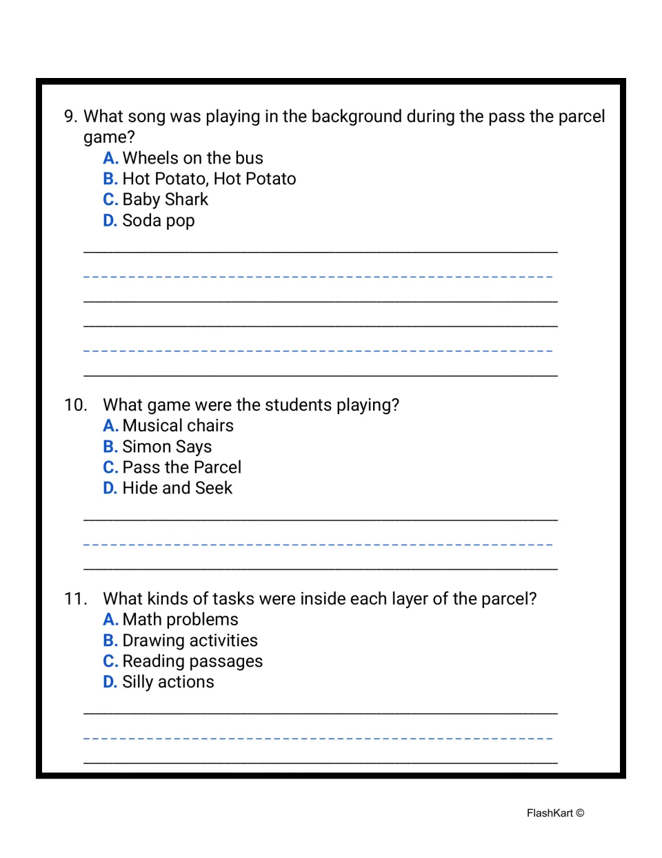 Reading questions 9–11: identify the background song, the parcel game, and the tasks inside its layers.