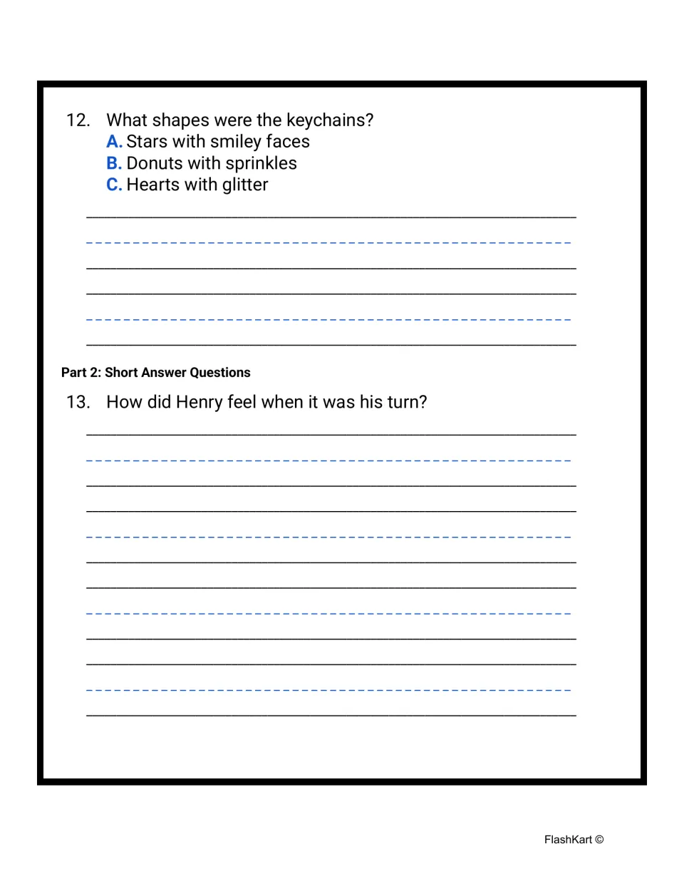 Reading questions 12–13: choose the keychain shape, then write how Henry felt when it was his turn.