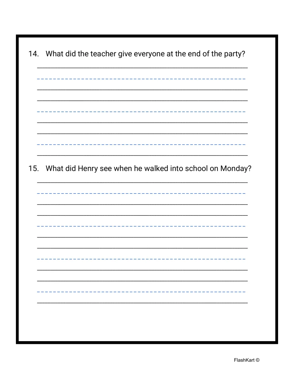 Short-answer questions 14–15: describe the teacher's final gift and the decorations Henry saw on Monday.
