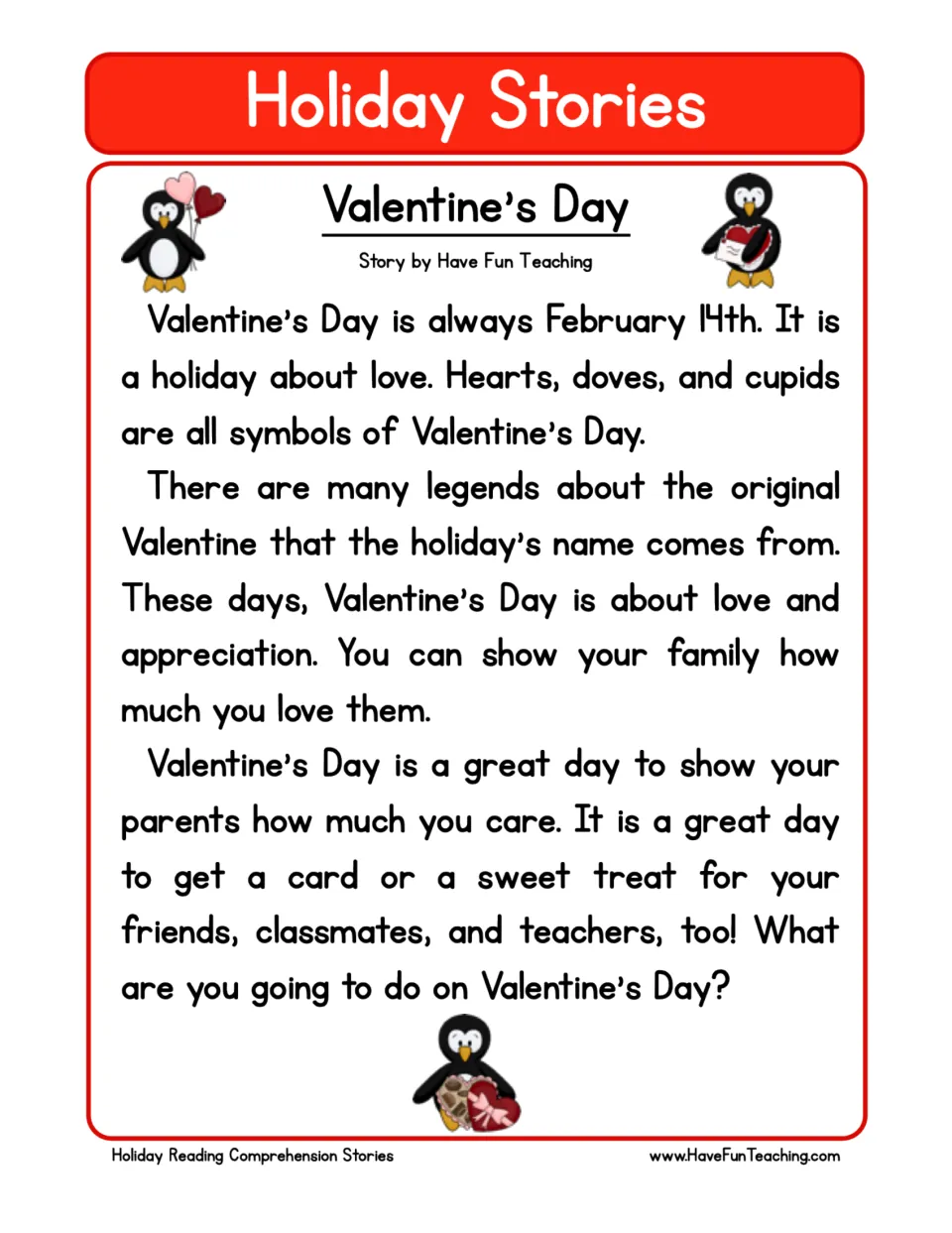 Reading passage about February 14, Valentine's Day symbols, and showing love to family, friends, and teachers.