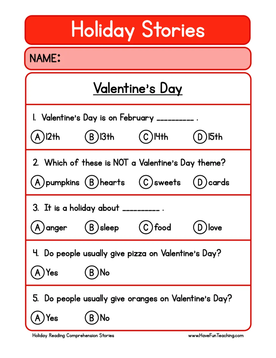 Five comprehension questions about the holiday's date, themes, meaning, and customary gifts.